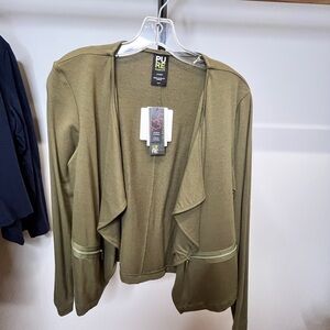 Pure Essence Olive Draped Open-Front Cardigan with Zip Trim NWT